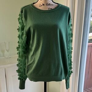Sioni Green Crewneck Sweater with Floral Appliqué Sleeves